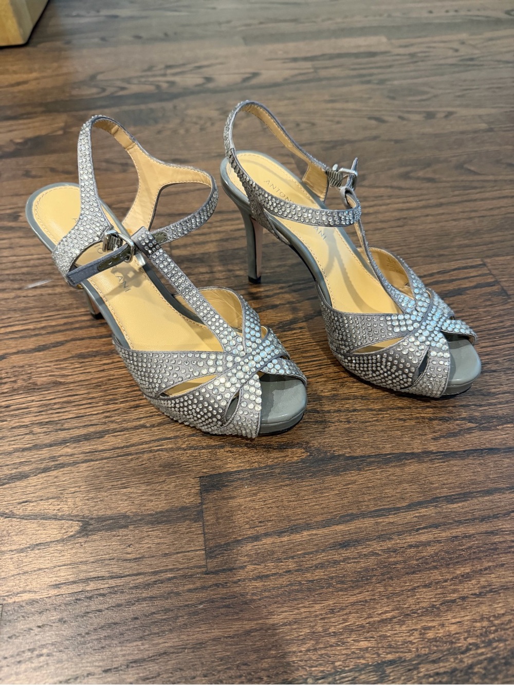 ANTONIO MELANI Silver Crystal Embellished T-Strap Heels